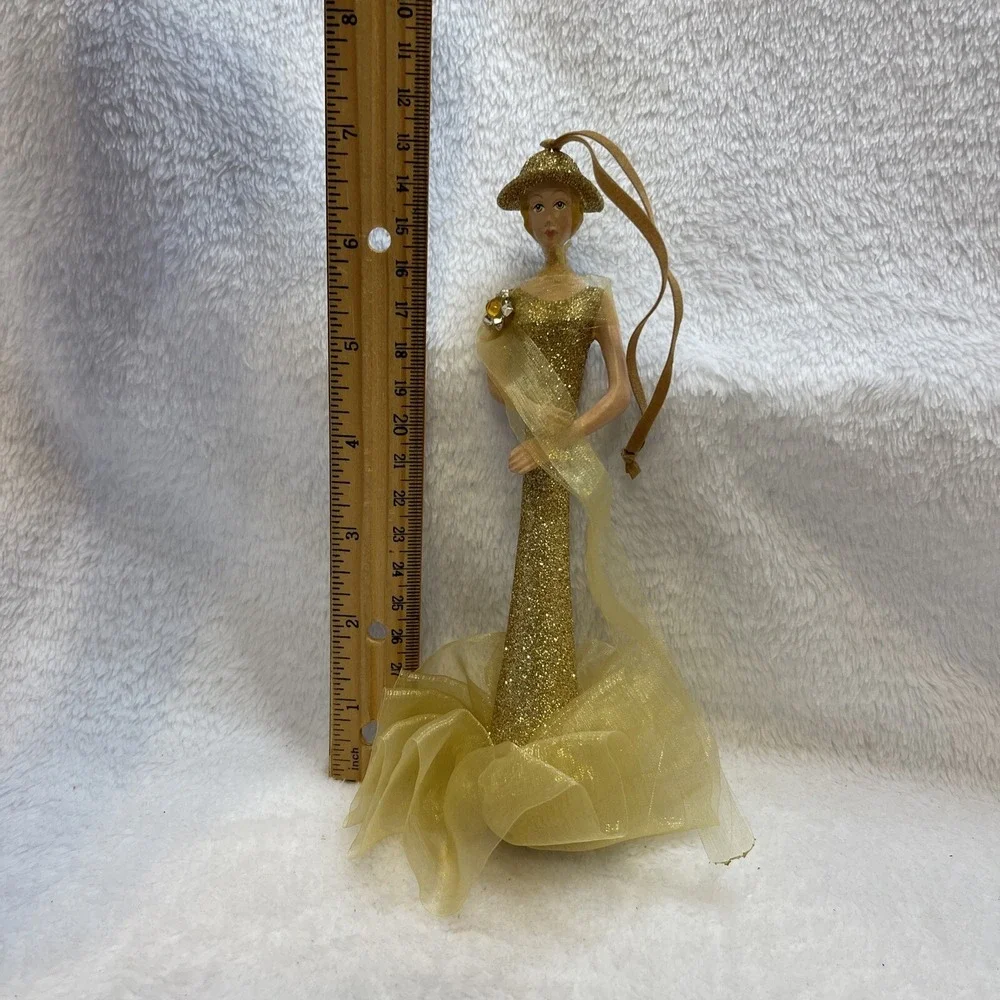 Gold Glitter Dress Figurine Woman Ornament Hat Elegant‎ Sparkle Holiday Decor